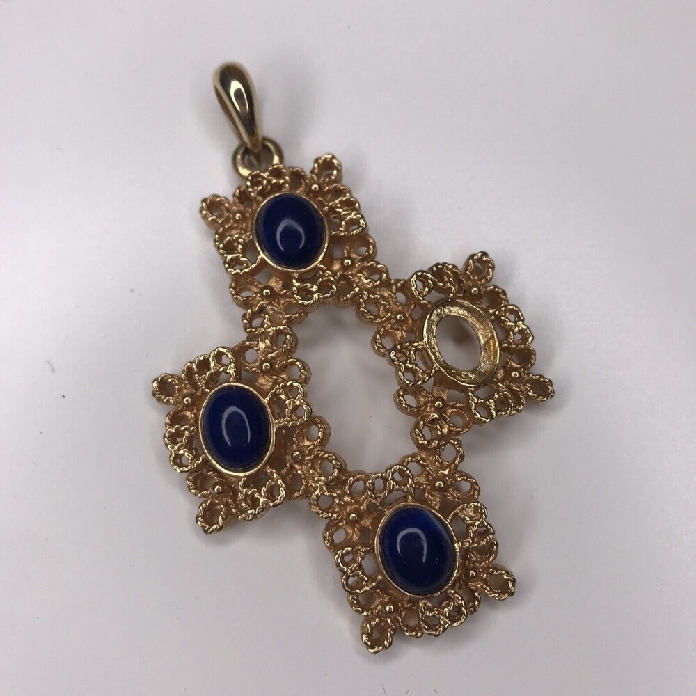 Sarah Coventry Victoria Blue Cabochon Large Cross Pendant Flawed Missing stone
